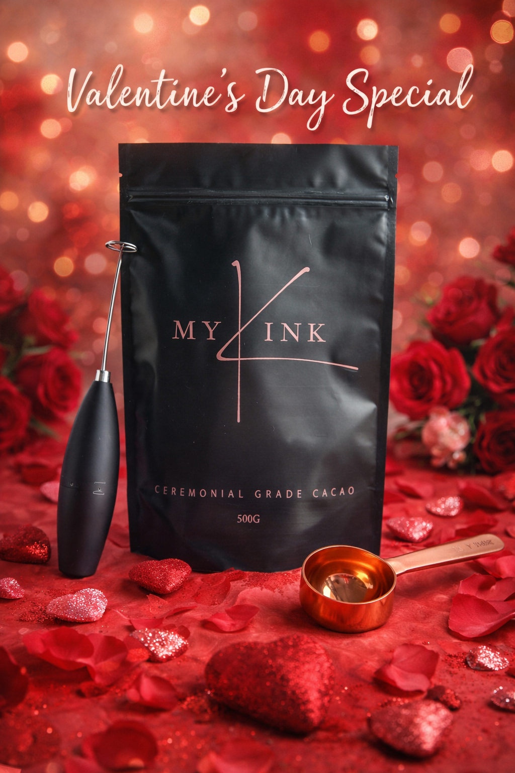 Valentine’s Day Cacao Lover’s Kit – MY KINK Ceremonial Cacao + Rose Gold Scoop + Hand Mixer